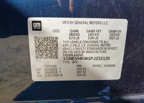 2023 Chevrolet Traverse Awd Lt Leather из США, поврежденный, VIN 1GNEVHKW1PJ232125